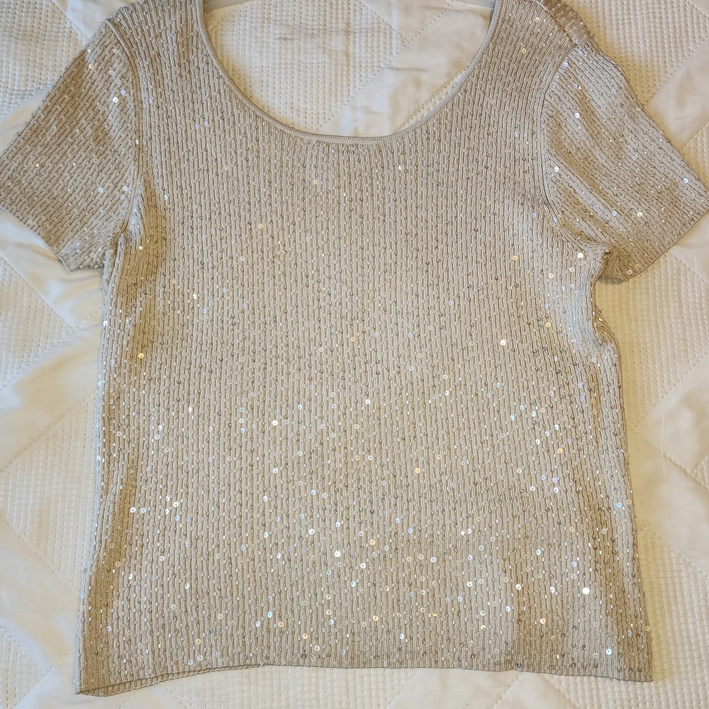 Talbots Shimmering Silver Sequin Short Sleeve Top